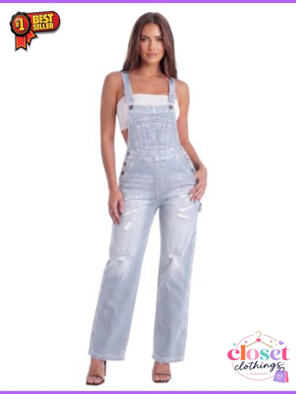Women's Destructed Adjustable Denim Jumpsuit Stretch Overalls with Pockets